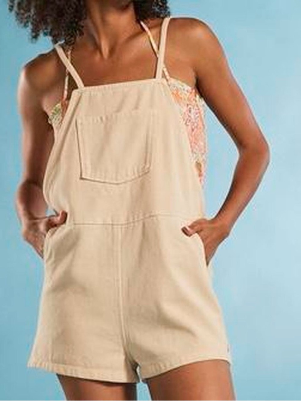 Roxy Tan/Beige Short Overalls Romper, size M.
